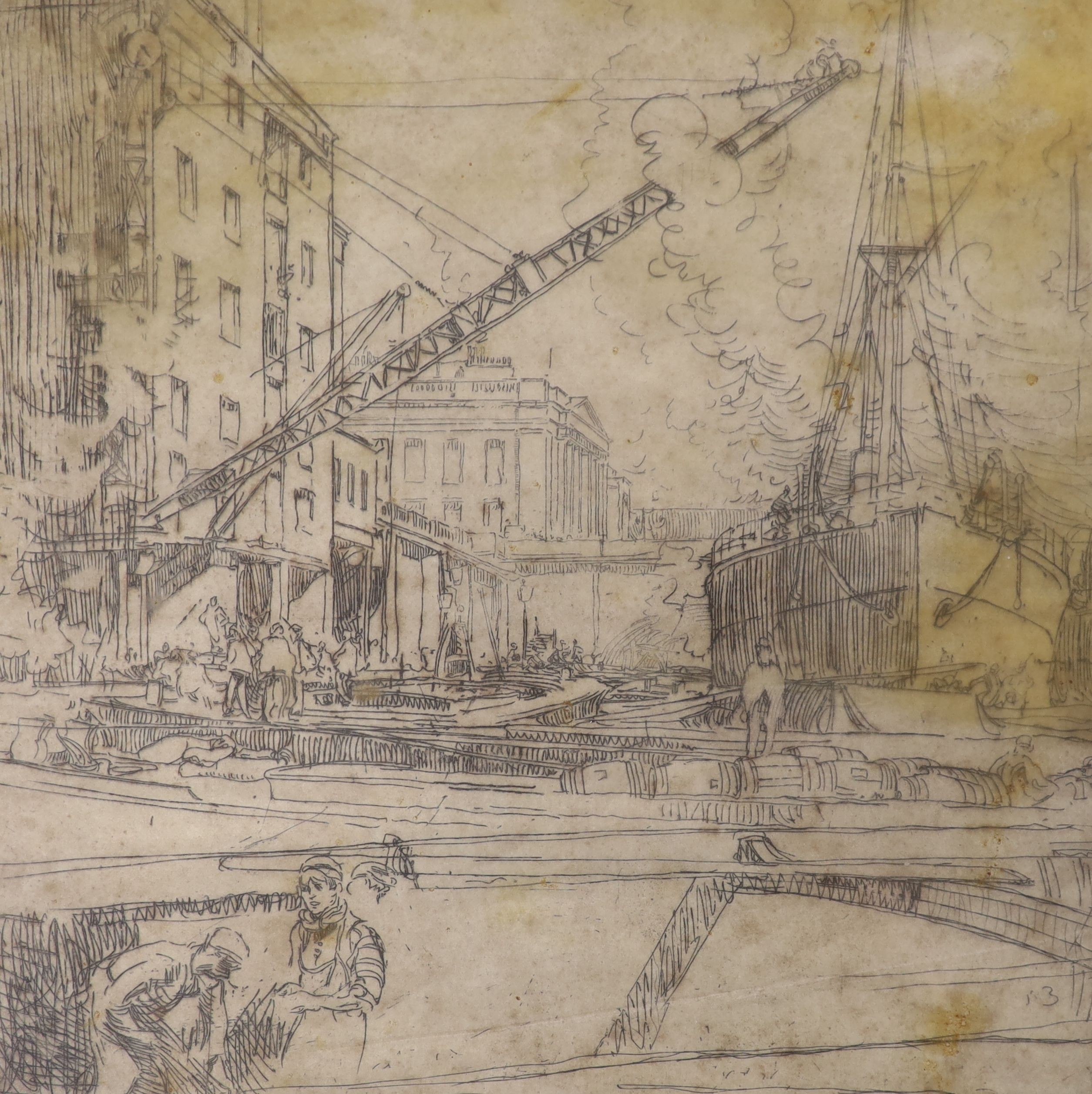 Frank Brangwyn (1867-1956), two etchings, Dockland scenes, one signed in pencil, 30 x 39cm and 30 x 30cm